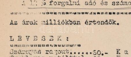 1946 Bp., Tinódi Söröző Étterem fejléces étlap hiperinflációs árakkal