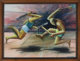 Neuberger István (1953-): Új sportág II., 2011. Olaj, farost. Jelzett. Fakeretben. 60x80 cm