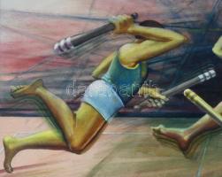 Neuberger István (1953-): Új sportág II., 2011. Olaj, farost. Jelzett. Fakeretben. 60x80 cm