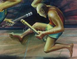 Neuberger István (1953-): Új sportág II., 2011. Olaj, farost. Jelzett. Fakeretben. 60x80 cm
