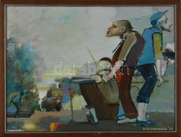 Neuberger István (1953-): Három pasas, 2018. Olaj, farost. Jelzett. Fakeretben. 30x40 cm