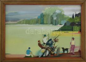 Neuberger István (1953-): Fiatalok a parton, 2019. Olaj, farost. Jelzett. Fakeretben. 30x42,5 cm