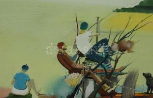 Neuberger István (1953-): Fiatalok a parton, 2019. Olaj, farost. Jelzett. Fakeretben. 30x42,5 cm