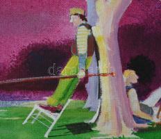 Neuberger István (1953-): Csibész horgászok. Olaj, farost. Jelzett. Fakeretben. 30x44 cm