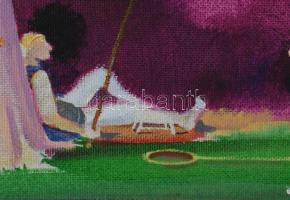 Neuberger István (1953-): Csibész horgászok. Olaj, farost. Jelzett. Fakeretben. 30x44 cm