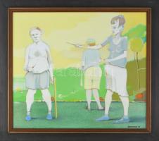 Neuberger István (1953-): Kezdő piktorok. Olaj, farost. Jelzett. Fakeretben. 54x63 cm