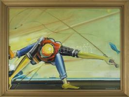 Neuberger István (1953-): Horgász trükk. Olaj, farost. Jelzett. Fakeretben. 58x78 cm