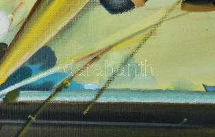 Neuberger István (1953-): Horgász trükk. Olaj, farost. Jelzett. Fakeretben. 58x78 cm