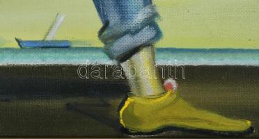 Neuberger István (1953-): Horgász trükk. Olaj, farost. Jelzett. Fakeretben. 58x78 cm