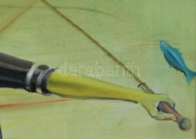 Neuberger István (1953-): Horgász trükk. Olaj, farost. Jelzett. Fakeretben. 58x78 cm