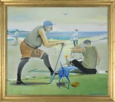 Neuberger István (1953-): Vízparti jelenet (Balaton). Olaj, farost. Jelzett. Fakeretben. 52x59 cm