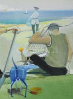 Neuberger István (1953-): Vízparti jelenet (Balaton). Olaj, farost. Jelzett. Fakeretben. 52x59 cm