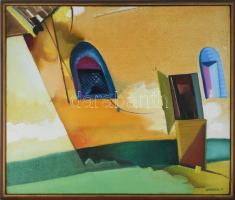 Neuberger István (1953-): Istálló ajtó, 1996. Olaj, vászon. Jelzett. Fakeretben. 64x76 cm