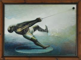 Neuberger István (1953-): Kalapács hajigáló, 2011. Olaj, farost. Jelzett. Fakeretben. 50x70 cm