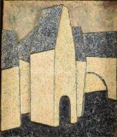 Ismeretlen alkotó. Városrészlet. Tűzzománc, jelzés nélkül, fa keretben, 13x11 cm, 22x21 cm