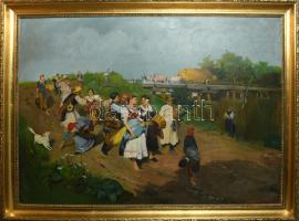 Jelzés nélkül, Deák Ébner Lajos után: Hazatérő aratók. Olaj, vászon. Dekoratív fakeretben. 92×130 cm. KIZÁRÓLAG SZEMÉLYES ÁTVÉTEL, NEM POSTÁZZUK! / ONLY PERSONAL COLLECTION AT OUR OFFICE!