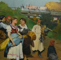 Jelzés nélkül, Deák Ébner Lajos után: Hazatérő aratók. Olaj, vászon. Dekoratív fakeretben. 92×130 cm...