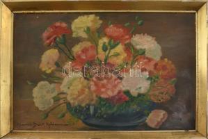 Henczné Deák Adrienne jelzéssel: Csendélet. Olaj, fa. Dekoratív, kissé sérült fakeretben. 24×36 cm