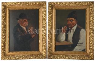 Mesterházy Dénes (1900-1949 körül), 2 db mű: Pipázó férfi portré. Olaj, karton. Jelzett. Dekoratív, kissé sérült fakeretben. 34×24 cm