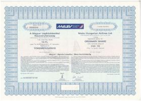 2004. Budapest "Magyar Légiközlekedési Részvénytársaság (MALÉV)" részvénye 10Ft-ról, szárazpecséttel, belső oldalon bélyegzéssel és tollal írt szöveggel, illetve szelvényekkel T:UNC