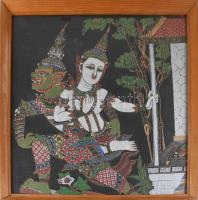 Kézzel festett keleti selyemkép, üvegezett keretben, 43x42 cm