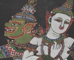 Kézzel festett keleti selyemkép, üvegezett keretben, 43x42 cm