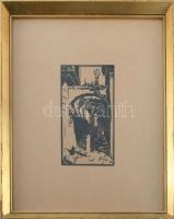 Jelzés nélkül: Macska és ember az utcán (Soproni részlet?). Fametszet, papír. Üvegezett, kissé sérül...