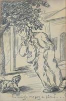 Jelzés nélkül: És mégis mozog a föld (Férfi a kutyájával). Ceruza, papír. Üvegezett fakeretben. 37,5×20,5 cm