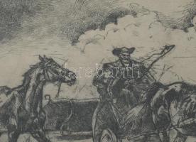 Bakonyi Gy jelzéssel: Lovasszekér. Rézkarc, papír. Üvegezett fakeretben. 18×23,5 cm