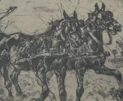 Bakonyi Gy jelzéssel: Lovasszekér. Rézkarc, papír. Üvegezett fakeretben. 18×23,5 cm