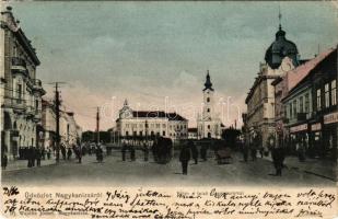 1904 Nagykanizsa, Fő tér a felső templommal, üzletek, gyógyszertár. Ifj. Wajdits József kiadása (EK)