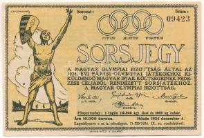1924. Budapest "Sorsjegy - Magyar Olympiai Bizottság" sorsjegye 10.000K értékben, a párizsi Olimpiára kiküldendő magyar ifjak költségeinek fedezése céljából, "O 09423" sorszámmal, főnyeremény 10.000kg liszt és 1000kg cukor T:XF kis beszakadások Hungary 1924. "Lottery Ticket - Hungarian Olympic Committee" lottery ticket worth 10,000K, to cover the costs of the Hungarian youth to be sent to the Olympic Games in Paris, with "O 09423" serial number, main prize 10,000kg of flour and 1000kg of sugar C:XF tiny tears