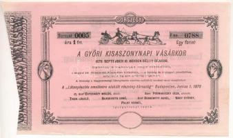 Budapest 1878. "Lótenyésztés emelésére alakúlt részvény-társaság - A győri kisasszonynapi vásárkor" sorsjegy 1Ft értékben, szárazpecséttel "0005 0788" T:F szép papír, beszakadás