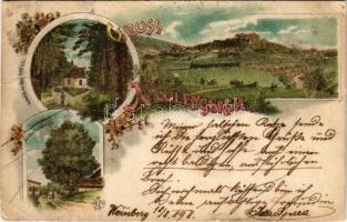 1898 Neulengbach, Drei-Föhren Kapelle, Lindenbaum bei der Sandmühle / view, chapel, tree. Art Nouveau, floral, litho (EB)