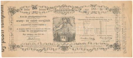 1873. Budapest / Pest "A Magyar Királyi Pénzügyminisztérium arany- és ezüst sorsjátéka az Újpesti Katolikus Templom felépítésének javára" 50kr értékben "288 188" T:XF sarokhajlások, pici beszakadás