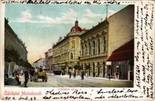1902 Miskolc, Széchenyi utca, villamos, üzletek. Ferenczi B. kiadása (EB)