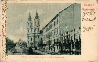 1901 Miskolc, Mindszenti templom a MÁV üzletvezetőséggel. Gedeon A. kiadása (fa)