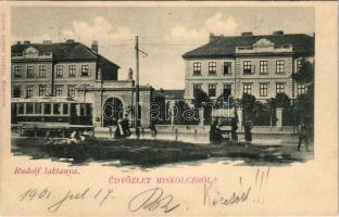 1901 Miskolc, Rudolf laktanya, villamos, piac. Gedeon András kiadása