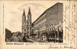 1903 Miskolc, Szemere utca, Mindszenti templom és a MÁV üzletvezetősége. Falkenstein S. kiadása (ázott sarok / wet corner)
