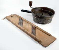 Antik gyalu és levesszűrő, h: 50 cm alatt.