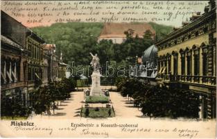 1906 Miskolc, Erzsébet tér és fürdő, Kossuth Lajos szobor, Avasi templom (EB)