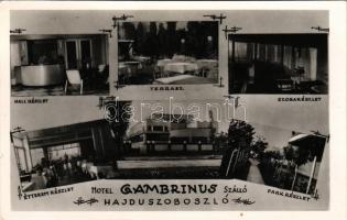 1949 Hajdúszoboszló, Hotel Gambrinus szálloda és étterem, hall részlet, terasz, szoba részlet, belsők, park