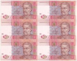 Ukrajna 2004. 10H vágatlan 6-os ívben, milliós helyi értéken sorszámkövető sorszámmal T:AU Ukraine 2004. 10 Hryven uncut sheet of 6, with consecutive serials C:AU