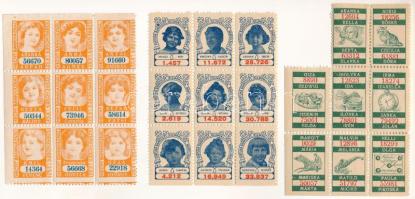 Magyarország 1920-1930k. Három darabos sorsjegy, sorsjáték bélyeg tétel, 2db 9-es tömbben + egy ívdarab. Motívumok: hölgyek, gyerekek, szerencsehozó motívumok.