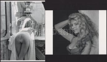cca 1958 Yousuf Karsh (1908-2002) kanadai fotóművész felvétele (Brigitte Bardot portréja), + hozzáadva egy forgatáson készült intim felvételt a színésznőről, melynek szerzője ismeretlen, 2 db modern nagyítás, jelzés nélkül, 21x15 cm
