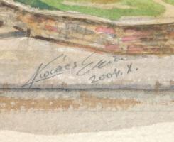 Kovács Ernő (-): Szarvas tér, Budapest, 2004. Akvarell, ceruza, papír. Jelzett. 25×35 cm