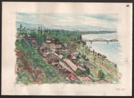 Kovács Ernő (-): Esztergom (a híddal), 2004. Akvarell, ceruza, papír. Jelzett. 25×35 cm