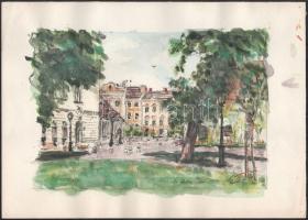 Kovács Ernő (-): Az óbudai főtér, 2006. Akvarell, tus, papír. Jelzett. 25×35 cm