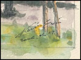 Kovács Ernő (-): Az óbudai főtér, 2006. Akvarell, tus, papír. Jelzett. 25×35 cm