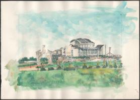 Kovács Ernő (-): Az új "Nemzeti" (Budapest), 2006. Akvarell, ceruza, papír. Jelzett. 25×35 cm